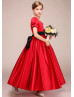 Short Sleeves Red Satin Flower Girl Dress